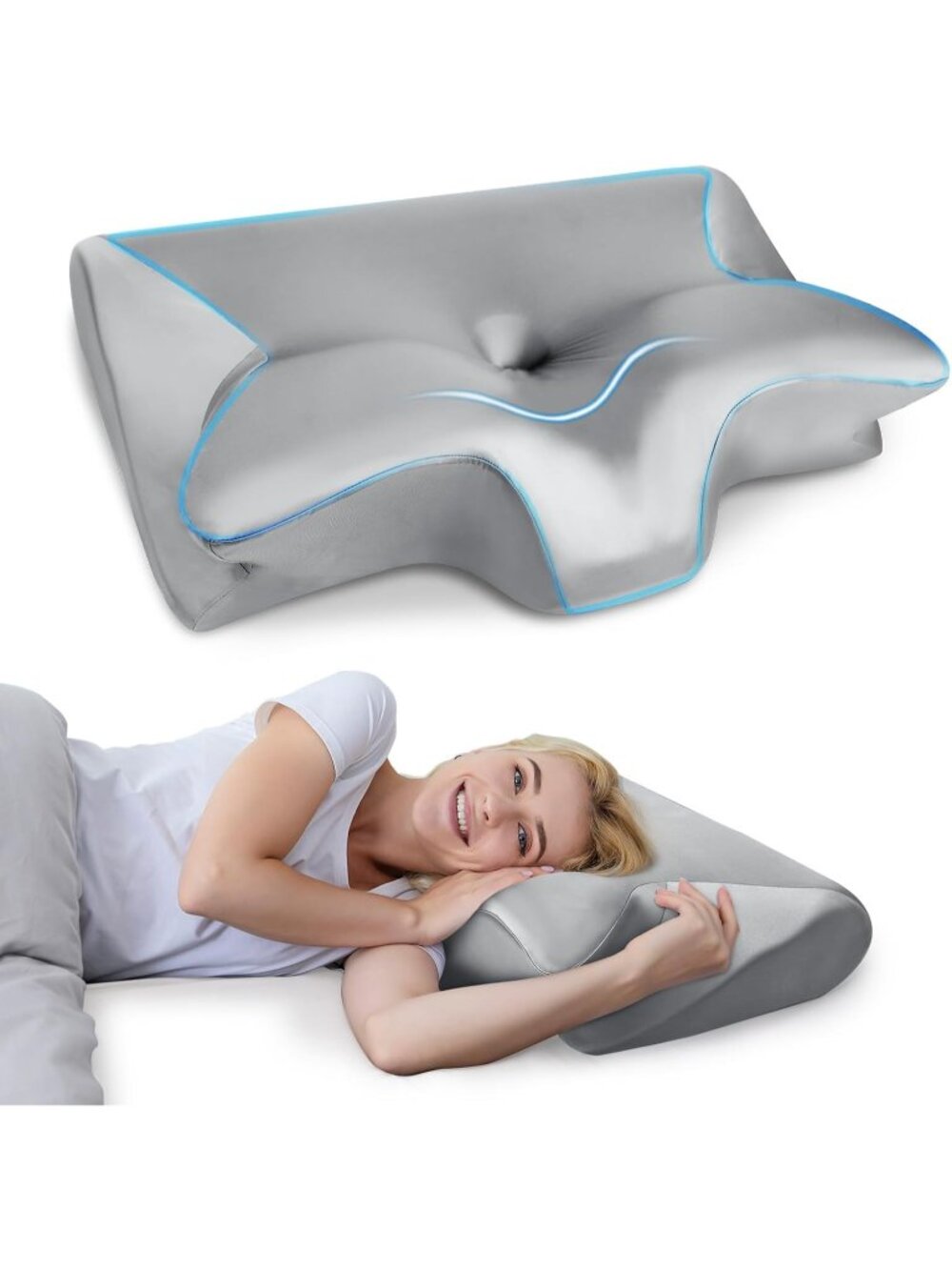 〽️Memory Foam Cervical 2 in 1 Ergonomic Contour Orthopedic Satin Gray Cover